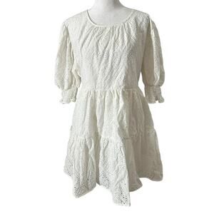 MISA NEW Fraser White smocked eyelet tiered keyhole back bow mini dress size m